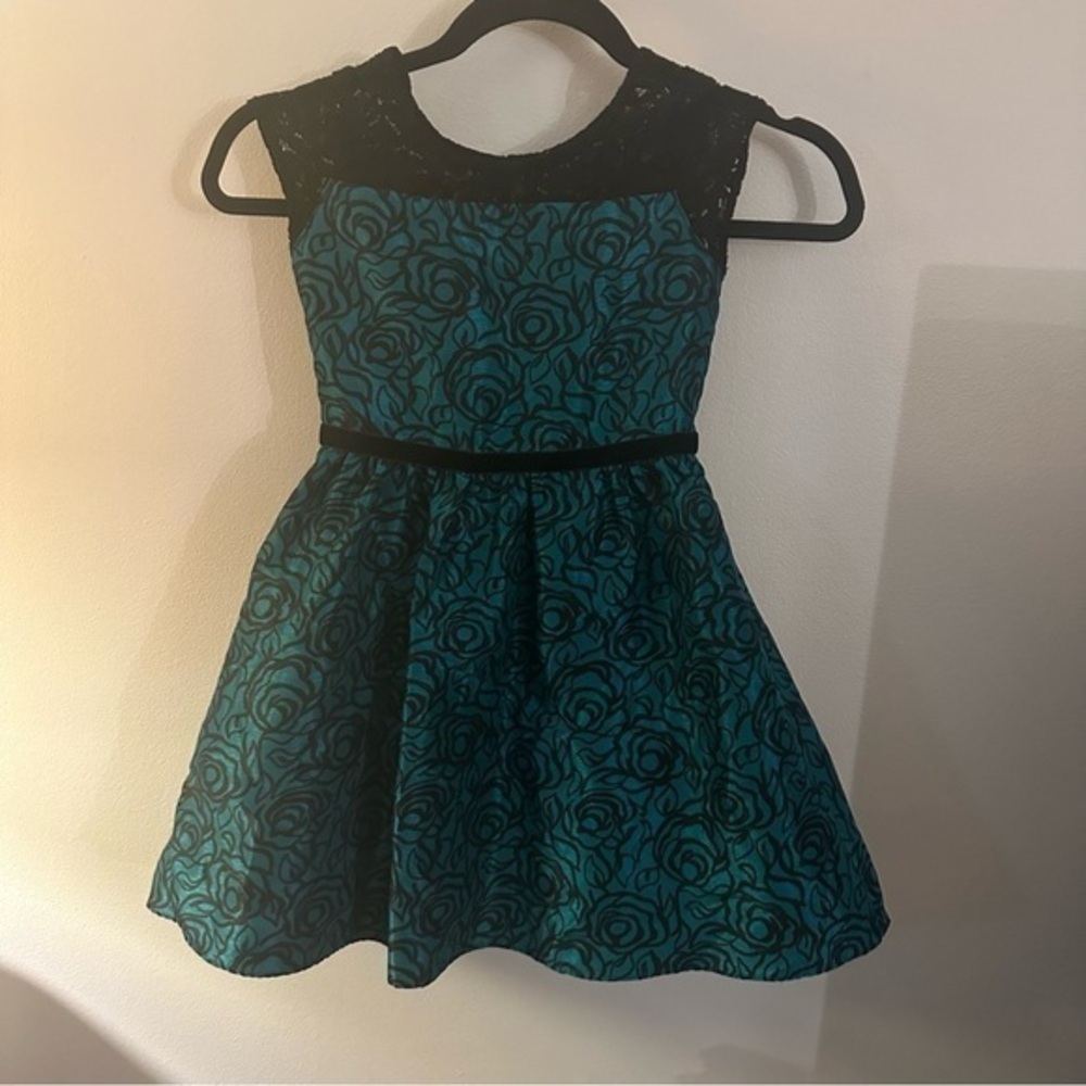 Gymboree Girl Emerald Green Black Lace Rose Holiday Party Dress Sleeveless 6